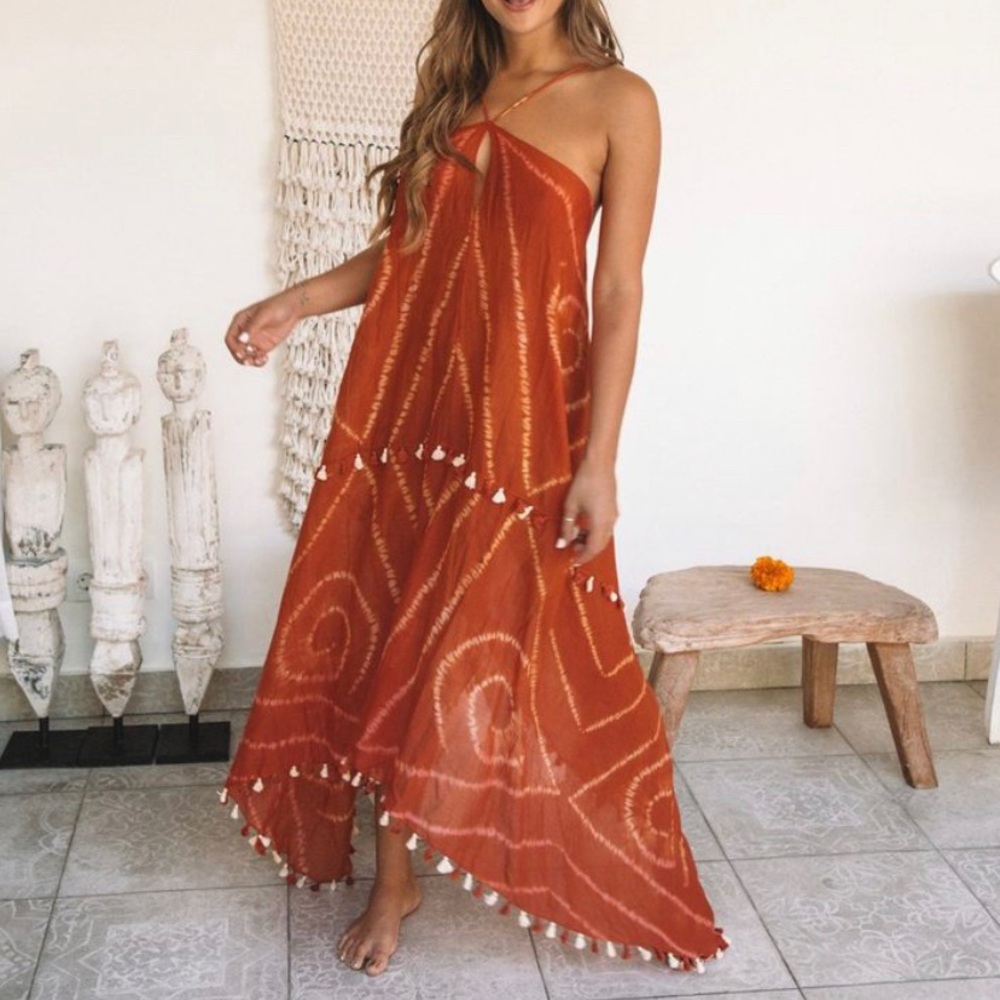 Blue print beach tassel cover up
